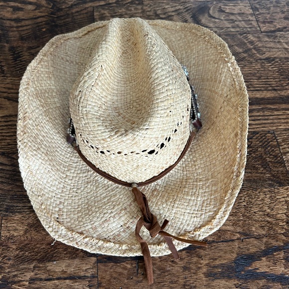 Western Cowgirl Raffa Straw Hat Band Rhinestone Cross Y2K Cowboy Boho Medium - Picture 7 of 11